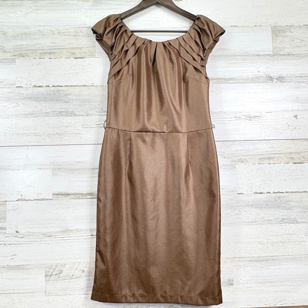 Twelfth Street by Cynthia Vincent Bronze Satin Ruched Cap Slv Silk Lined Dress 4